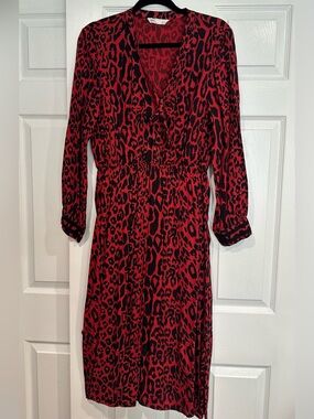 Zara Red and Black Animal-Print Midi Dress